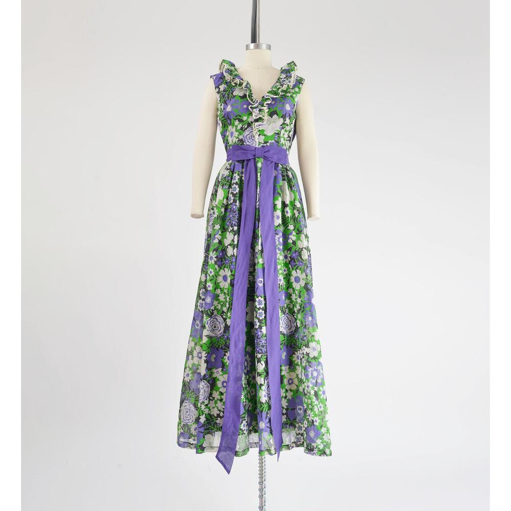 Vintage 70s Miss Elliette Floral Cotton Voile Ruffle Maxi Dress Bow size XS S